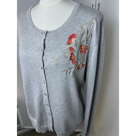 Esperanza Gray Embroidered Floral XL Sweater Cardigan Secretary Retro - Picture 6 of 10